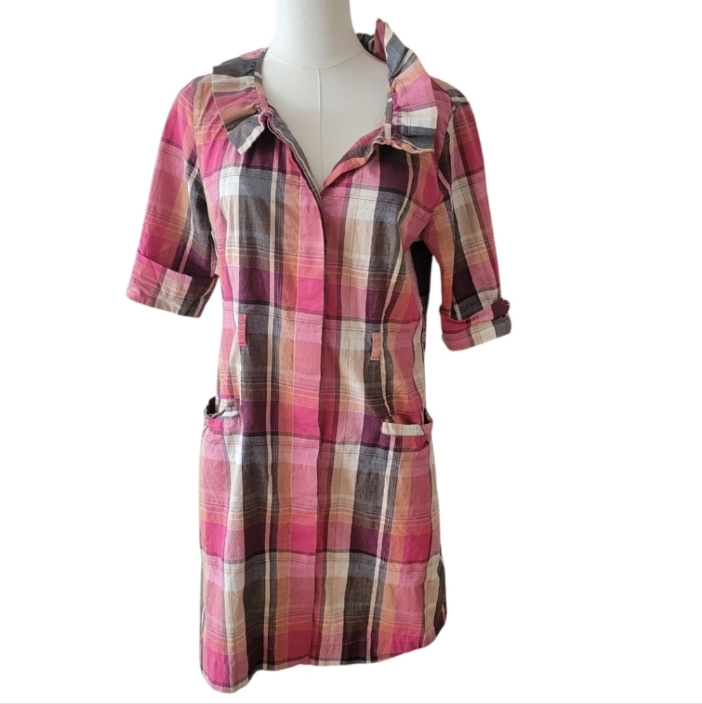 Anthropologie Little Yellow Button Plaid‎ Shift Mini Dress Size Medium